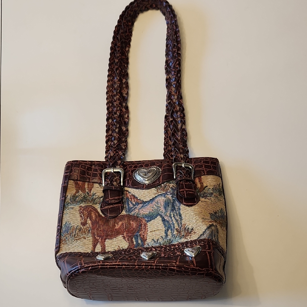 Texas Leather Manufacturing Brown and Cream Horse Design Shoulder Bag